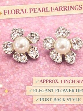 Paparazzi Silver Floral Pearl Post Earrings 1 Inch Stud Style